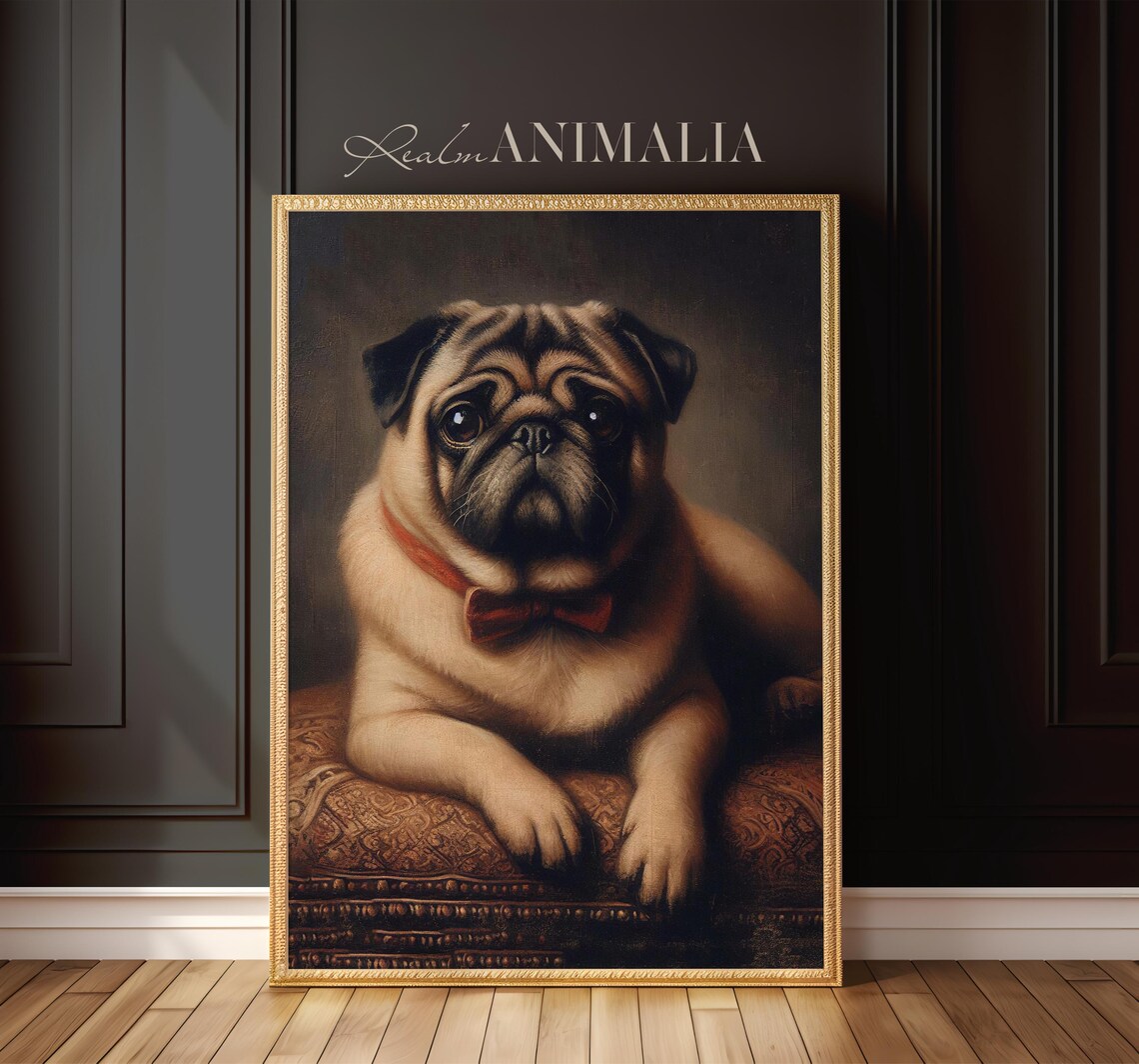 Fawn Pug With Red Bowtie Vintage Style Oil Portrait Dog Art Print - Image 3