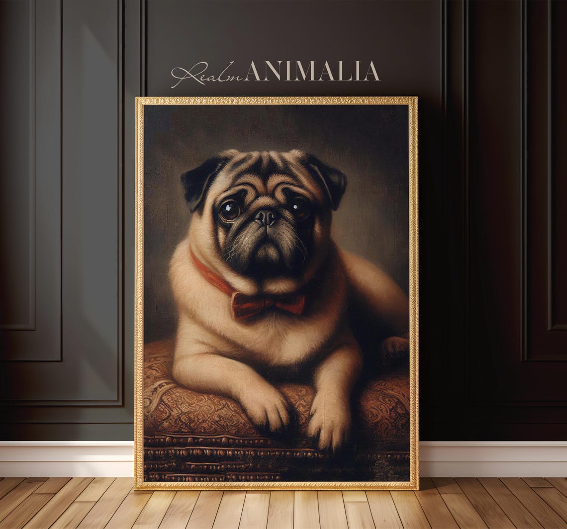 Pug Portrait Print Wall Art Vintage Style Dog Painting Pet Portrait Fine Art Fawn Pug Dog Wall Art Pg001 - Image 3