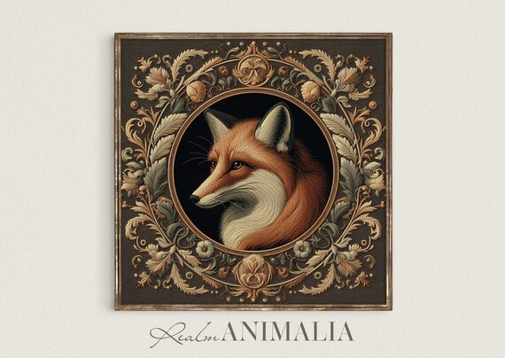 Fox Portrait Vintage Embroidery Style Ornate Botanical Circle Poster