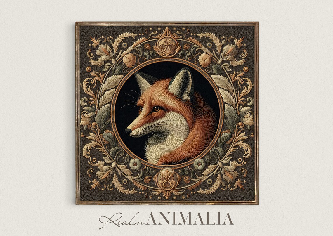 Fox Portrait Vintage Embroidery Style Ornate Botanical Circle Poster