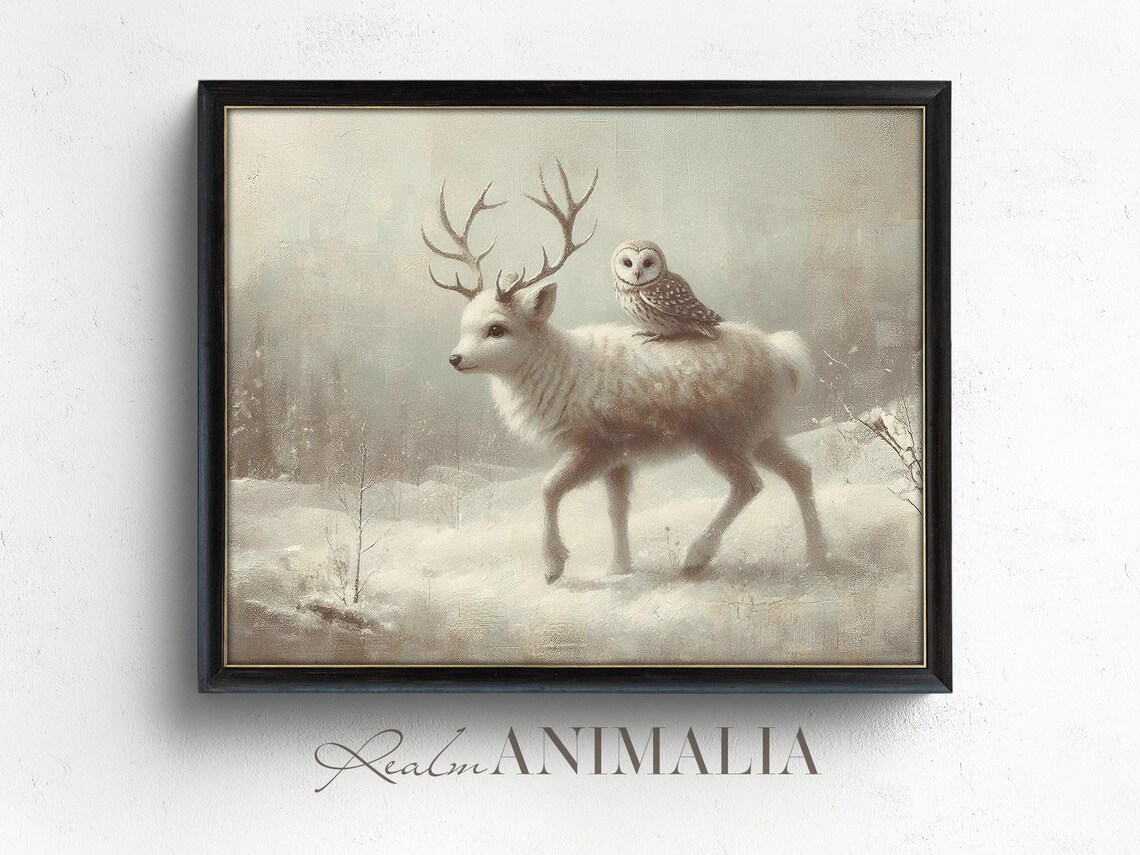 Baby Reindeer With Owl Painting Neutral Winter Wall Art Beige Christmas Holiday Art Prints Baby Animal Nursery Prints Wh140 - Image 4