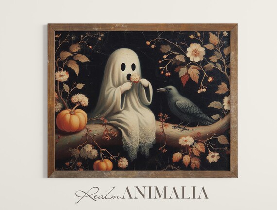 Ghost And Crow Vintage Art Print Antique Halloween Folk Art Painting Moody Botanical Fall Wall Art Ghost Illustration Gh119