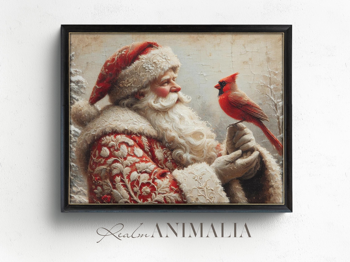 Santa and Cardinal Bird Vintage Christmas Art Print - Image 2