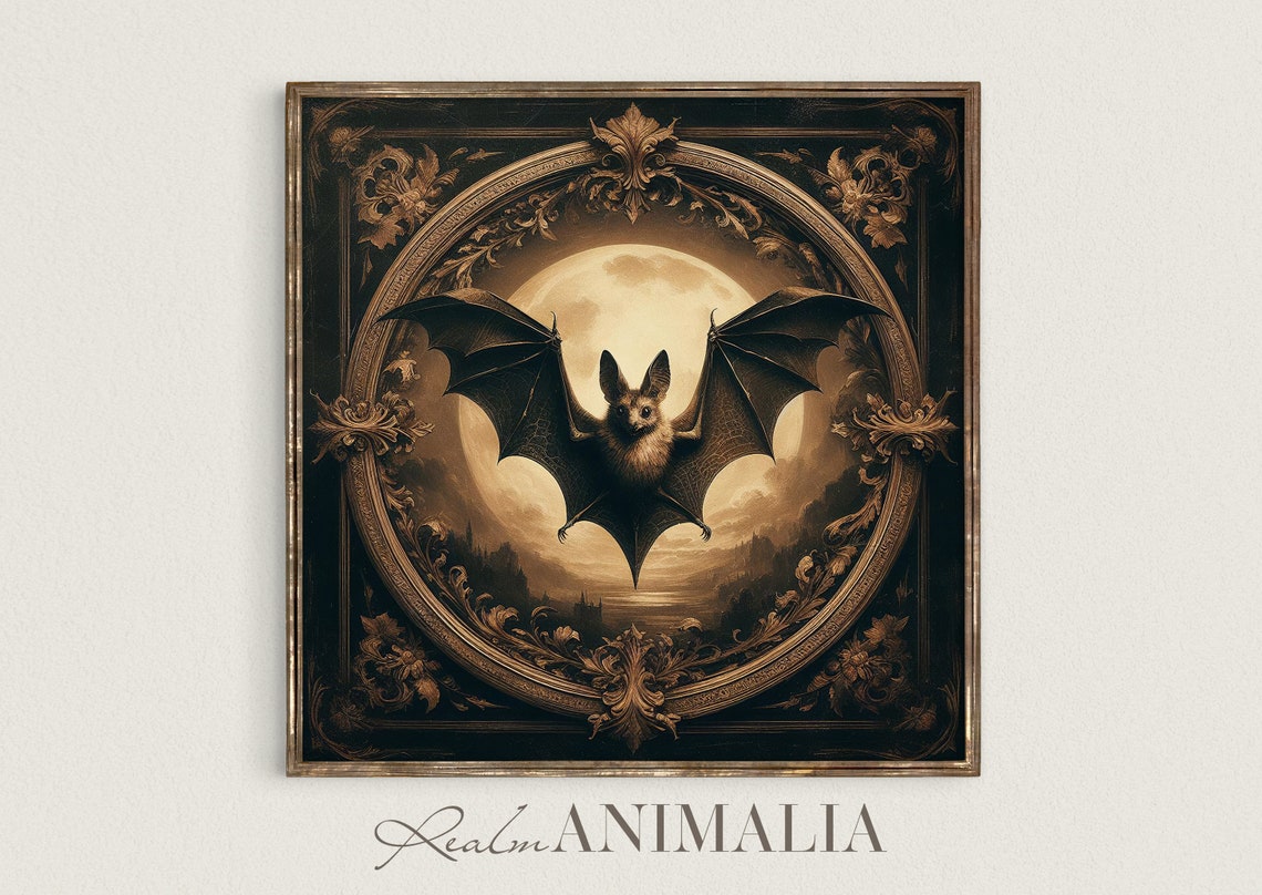 Dark Bat Before Full Moon Ornate Gold Frame Gothic Animal Art Print - Image 2