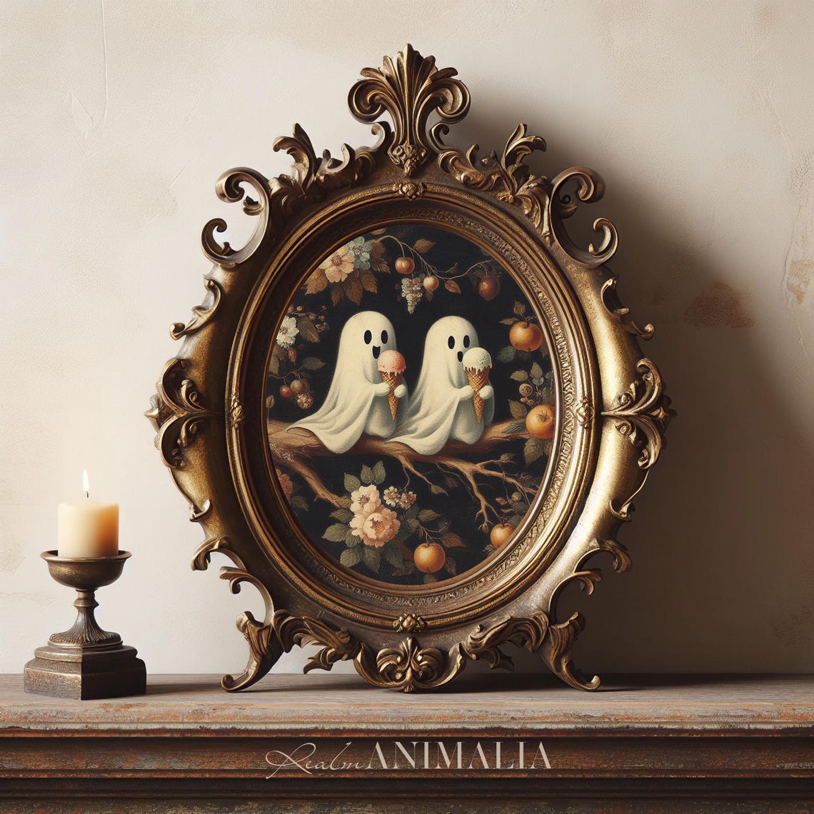 Two Cute Ghosts Eating Ice Cream On Fruit Branch Dark Botanical Poster - Image 3