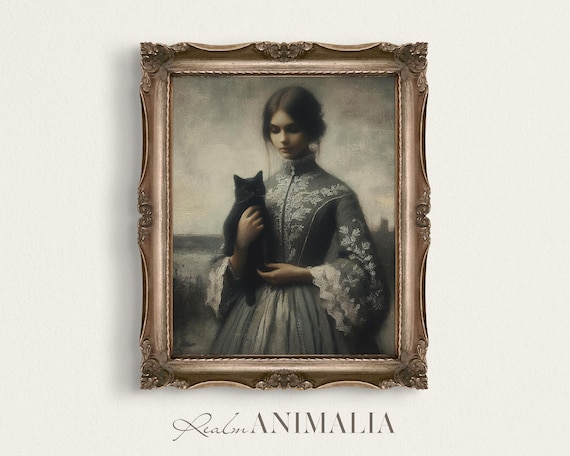 Victorian Woman Holding Black Cat Moody Vintage Portrait Painting Poster