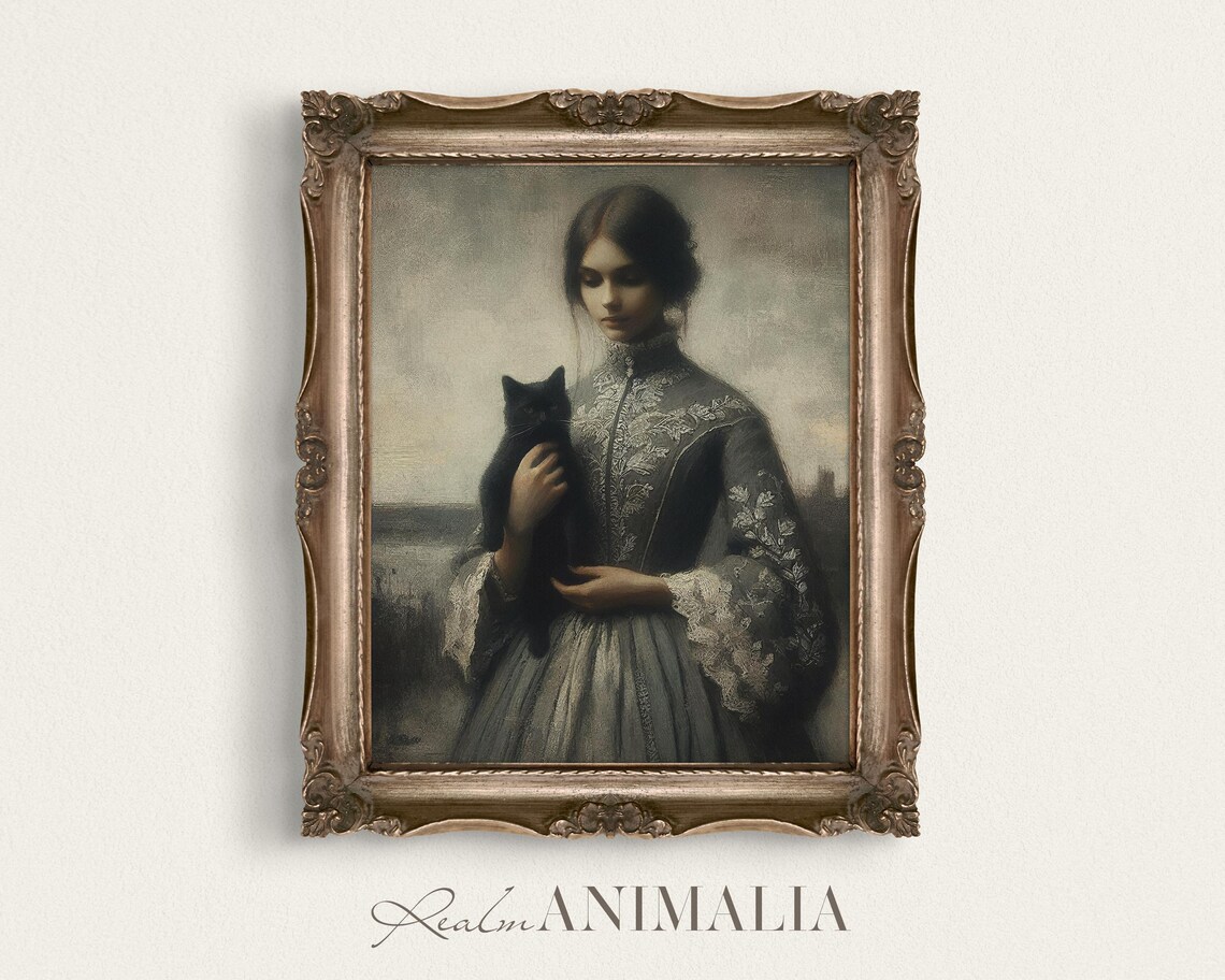 Victorian Woman Holding Black Cat Moody Vintage Portrait Painting Poster