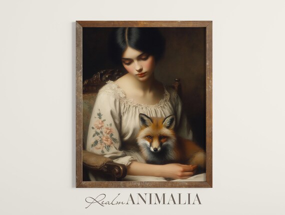 Woman With Fox Vintage Portrait Painting Moody Female Fine Art Print Antique Style Portrait Wall Art Hf002