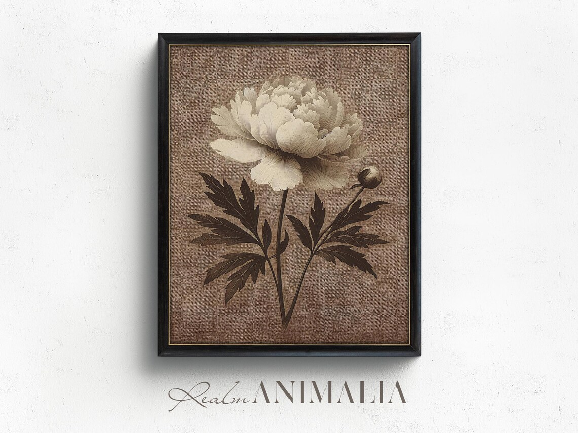 White Peony Flower On Brown Textile Vintage Botanical Poster - Image 4