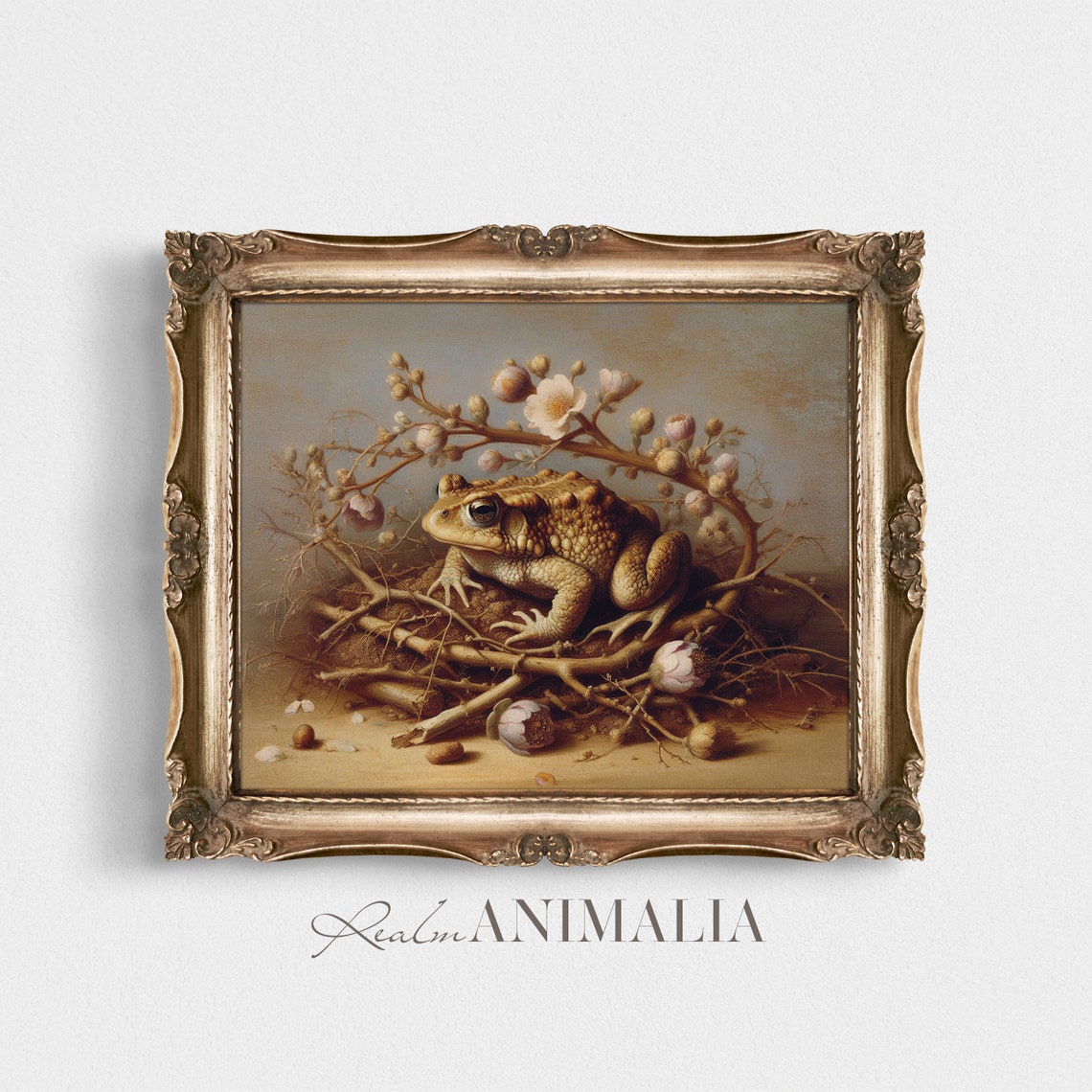 Toad Resting In Floral Nest Vintage Neutral Amphibian Wall Art Print - Image 2