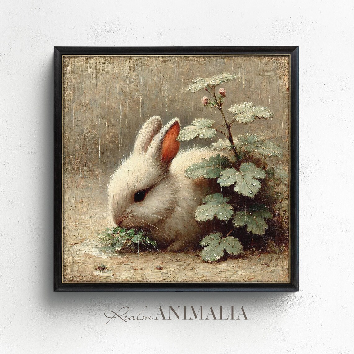 White Bunny Eating Greens Under Leaves In Rain Vintage Neutral Poster - Image 4