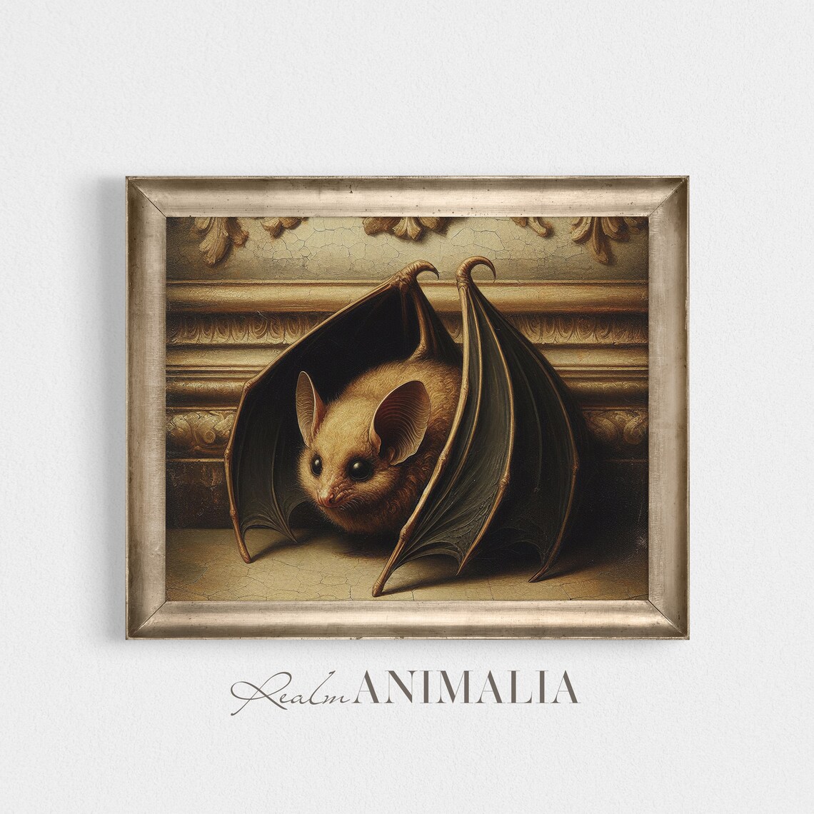 Bat Vintage Oil Painting Folded Wings Old Plaster Moody Animal Portrait Print - Image 2