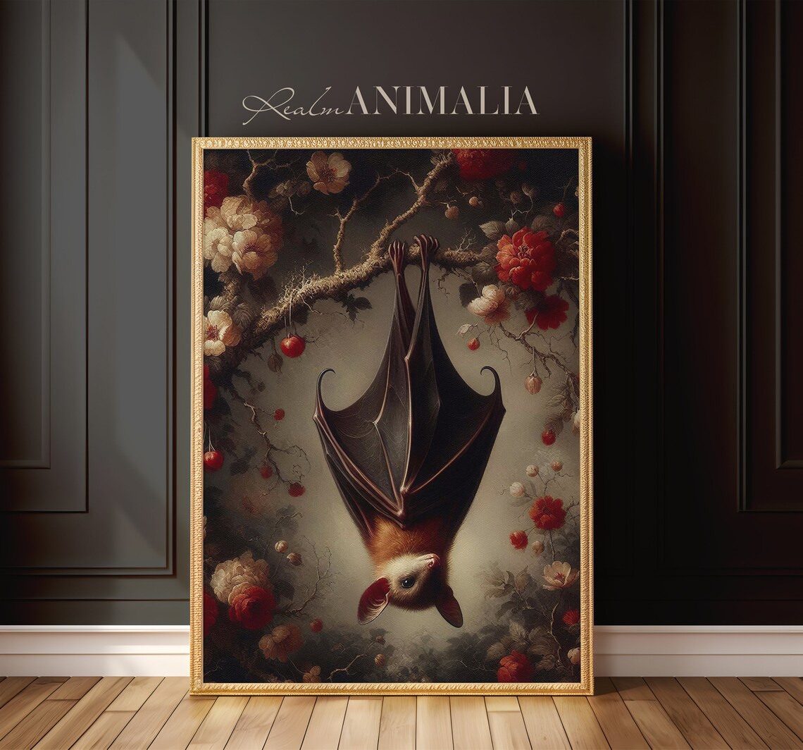 Hanging Bat Art Print, Dark Cottagecore Botanical - Image 3