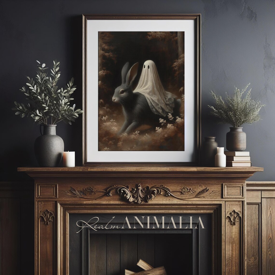 Little Ghost Riding Rabbit Moody Dark Forest Whimsical Halloween Wall Poster - Image 3