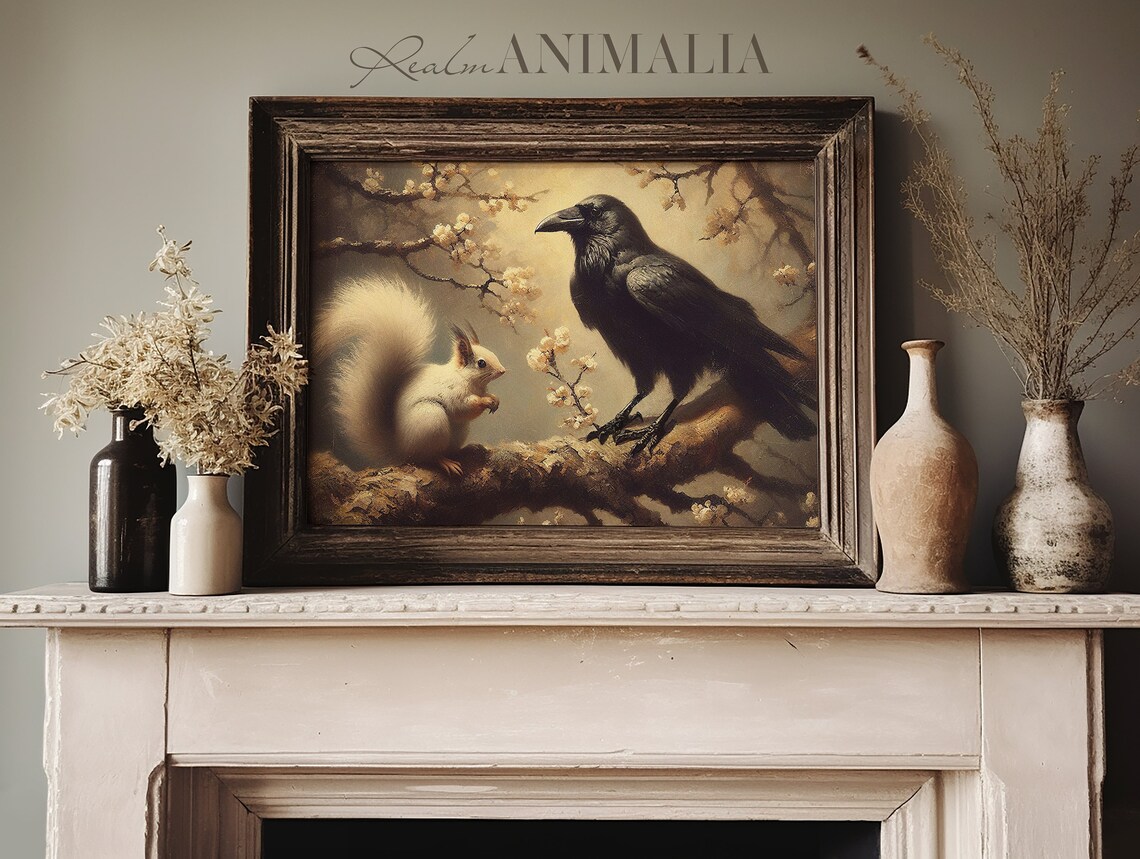Crow and White Squirrel Vintage Wildlife Art Print - Image 3