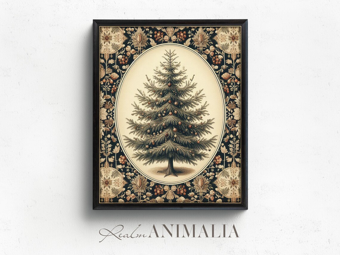 Decorated Christmas Fir Tree On Floral Tapestry Botanical Poster - Image 4
