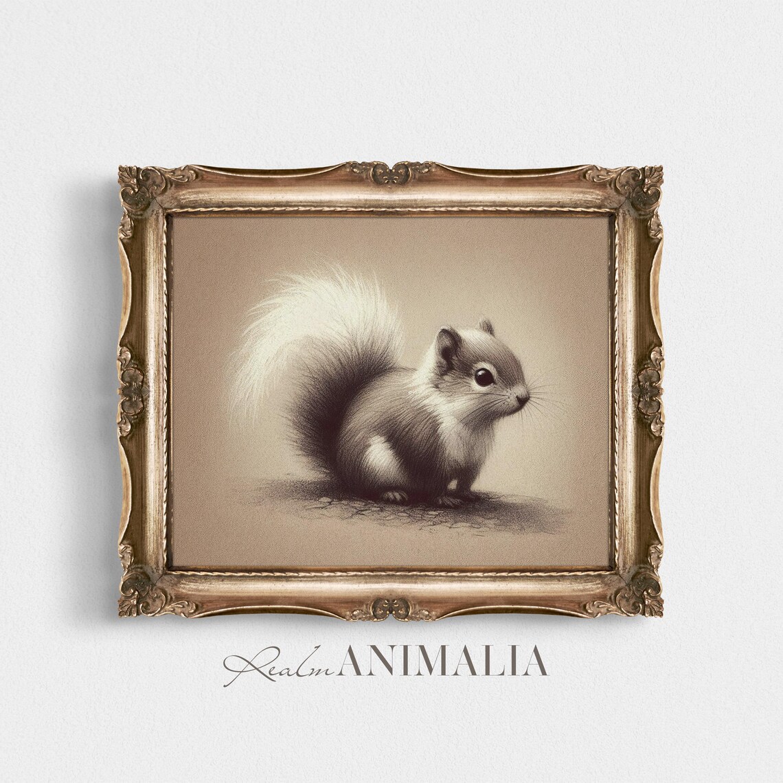 Baby Squirrel Charcoal Sketch On Neutral Beige Vintage Animal Poster - Image 2