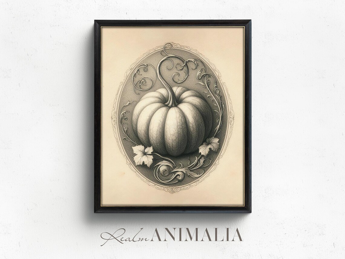 Vintage Pumpkin Sketch Engraved Oval Frame Sepia Fall Botanical Art Poster - Image 4