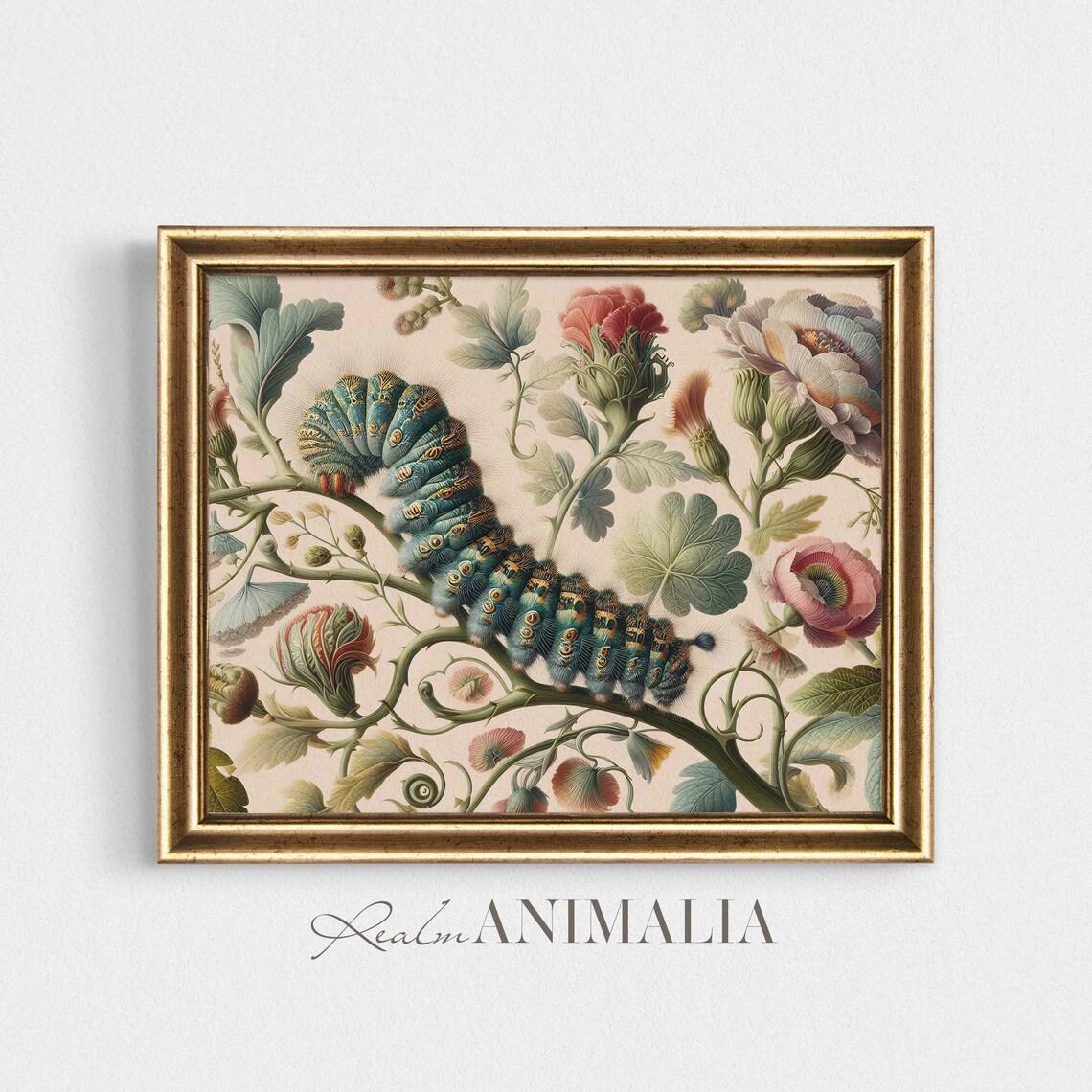 Vintage Botanical Caterpillar Art Print, Floral Insect - Image 2
