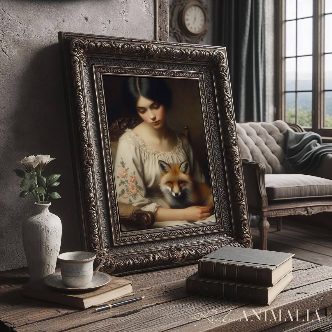 Woman With Fox Vintage Portrait Painting Moody Female Fine Art Print Antique Style Portrait Wall Art Hf002 - Image 3