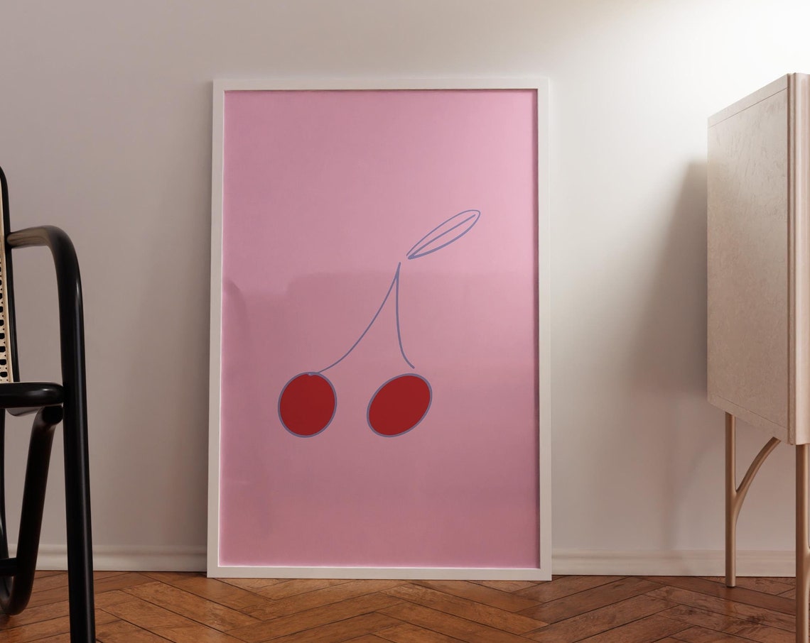 Two Red Cherries Minimalist Line Art Pink Kitchen Fruit Poster