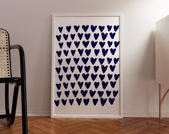 Indigo Blue Hearts Pattern Minimalist Love Decor Graphic Poster