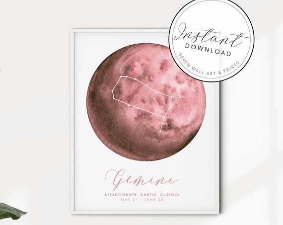 Gemini Zodiac Pink Watercolor Moon Constellation Horoscope Art Poster
