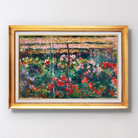 Claude Monet Rose Garden Trellis Blooming Flowers Painting Poster