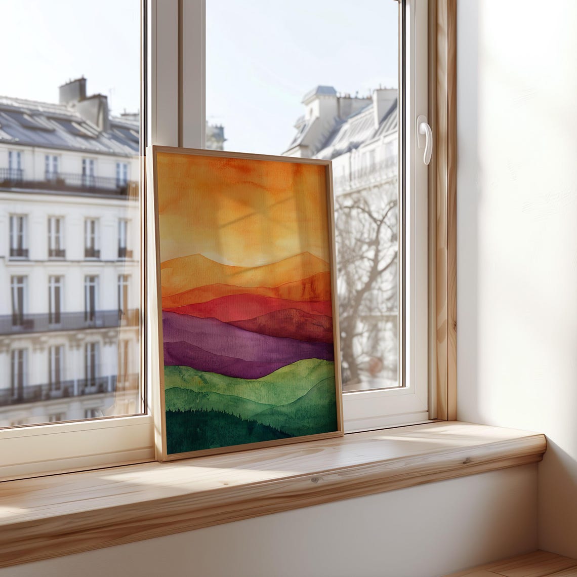 Rainbow Mountain Sunset Watercolor Layered Hillside Art Poster - Image 2