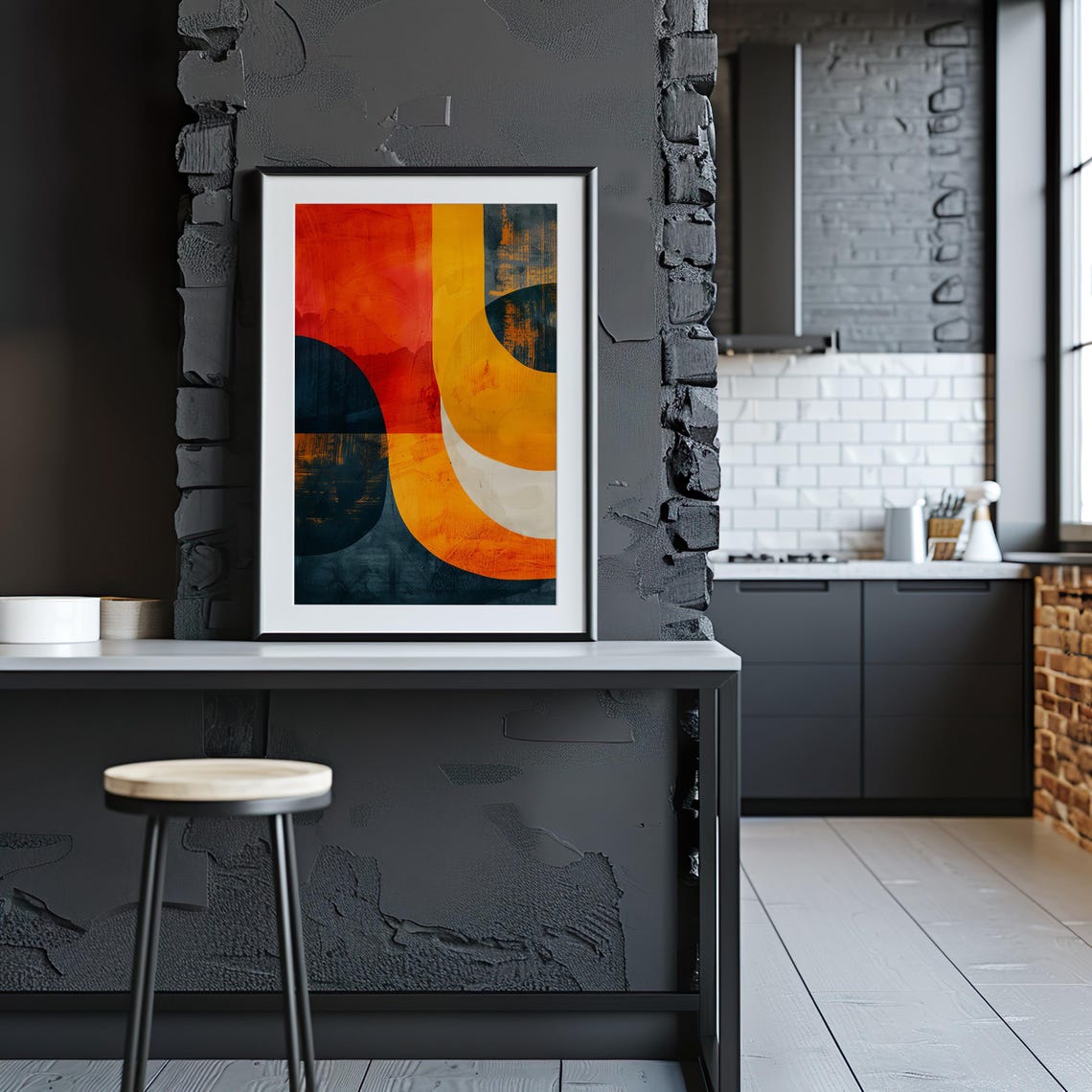 Abstract Geometric Red Orange Navy Curve Bold Modern Art Poster - Image 2