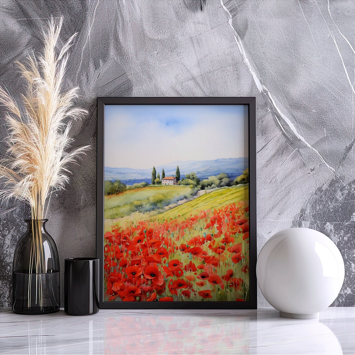Red Poppy Field Watercolor Landscape Farmhouse Hills Art Poster - Image 4