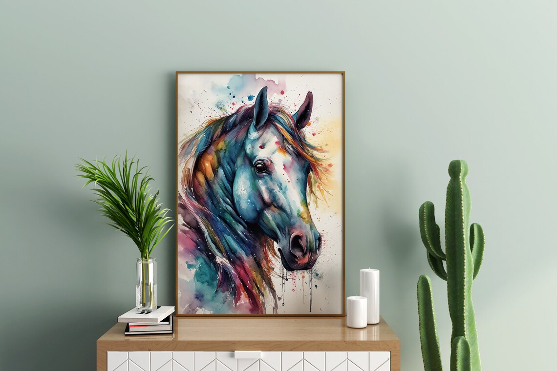 Colorful Rainbow Watercolor Horse Portrait Splash Art Poster - Image 2