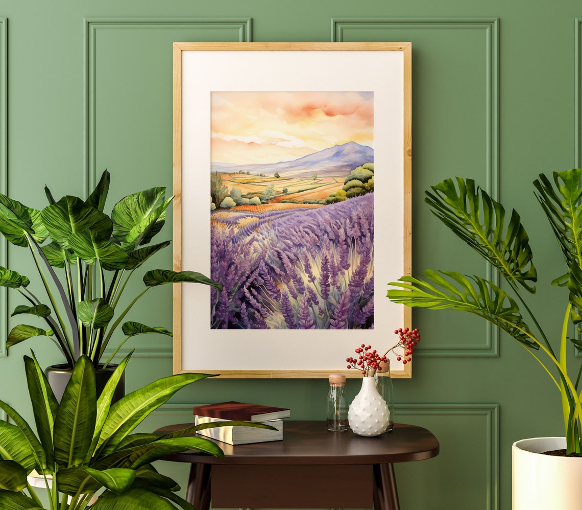 Lavender Fields at Sunset Watercolor Provence Landscape Poster - Image 2