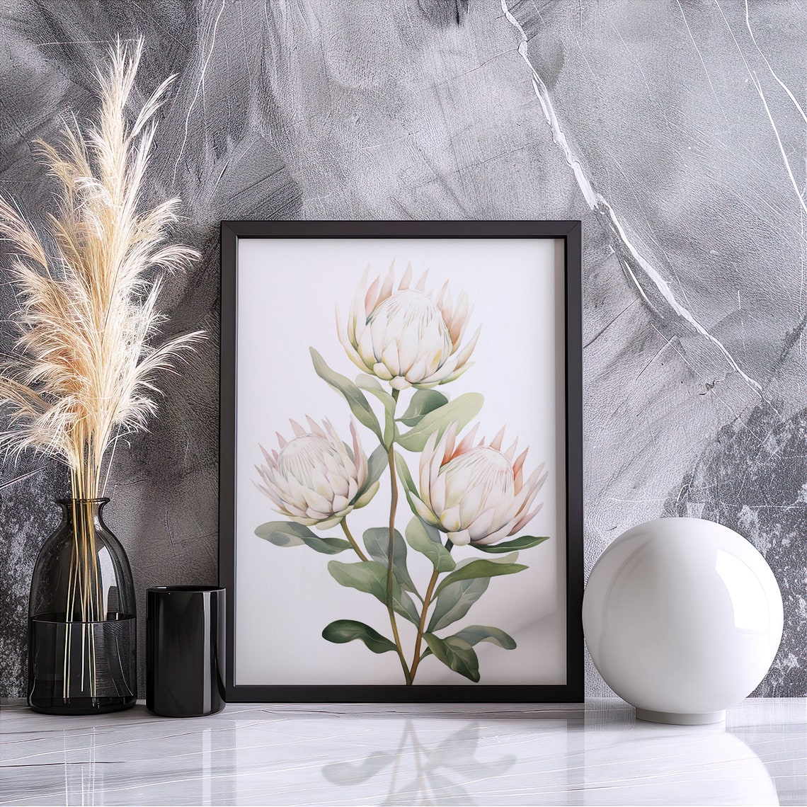 White King Protea Flower Trio Watercolor Botanical Wall Poster - Image 3