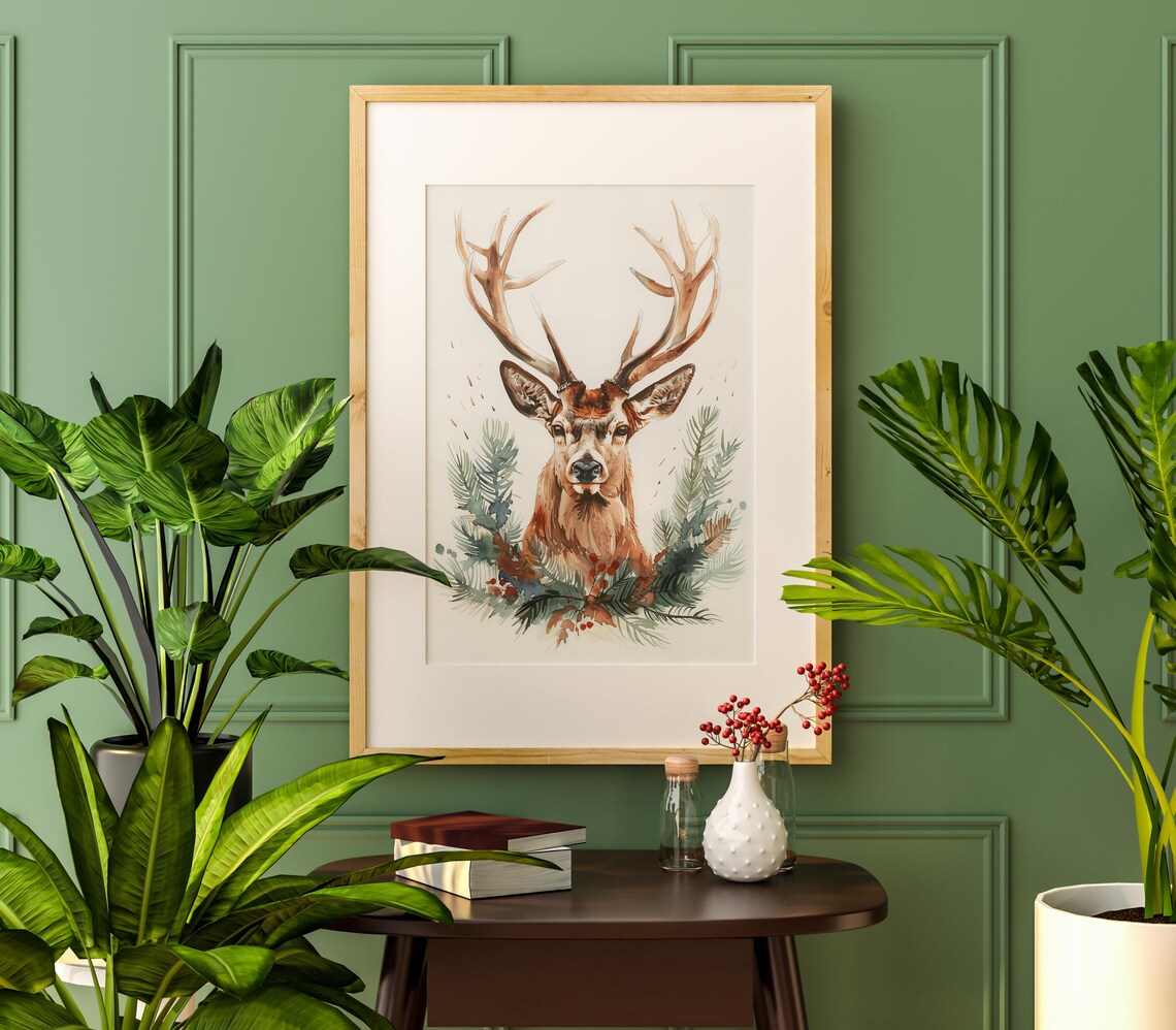 Deer Pine Branches Watercolor Woodland Holiday Rustic Art Poster - Image 4