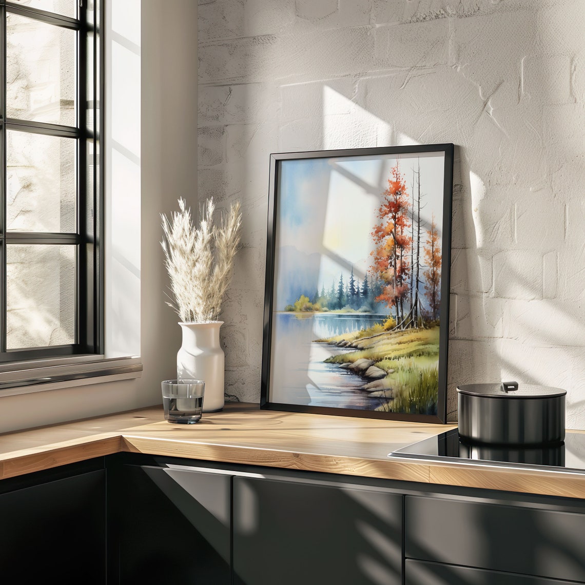 Sunset Lake With Autumn Tree Rocky Shore Mountain Watercolor Poster - Image 4
