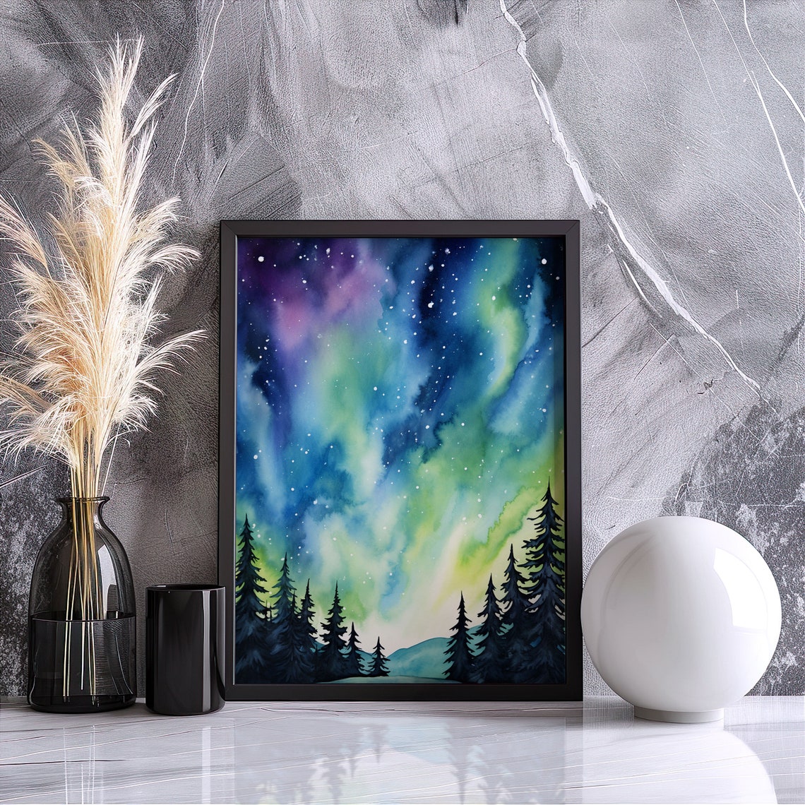 Northern Lights Over Pine Forest Watercolor Night Sky Poster - Image 4
