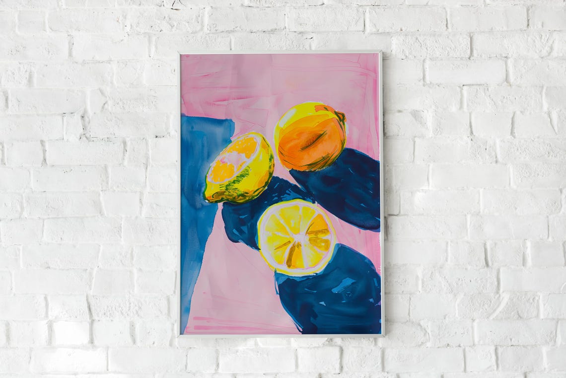 Lemon Citrus Watercolor Still Life Pink Blue Bold Kitchen Art Poster - Image 2