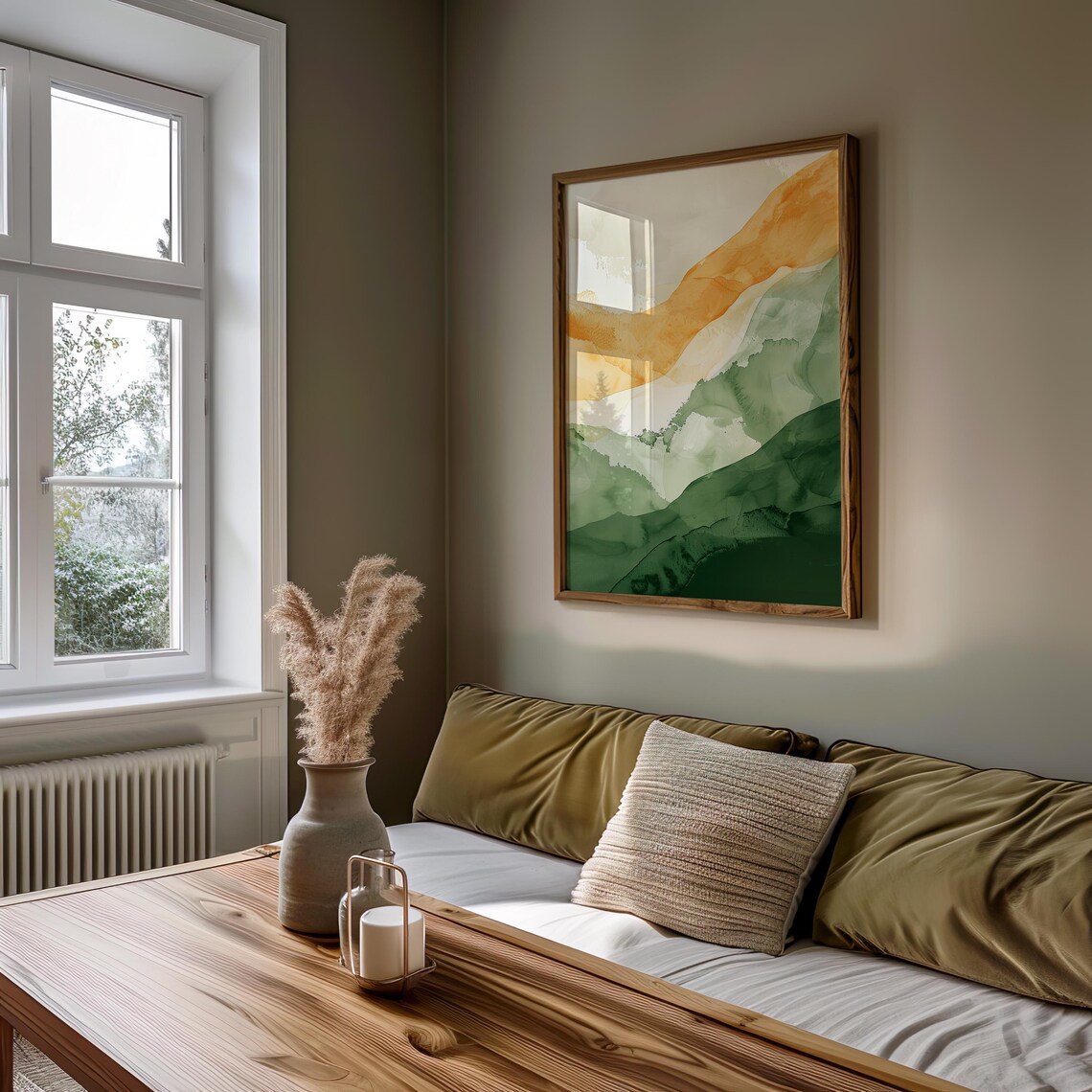 Amber Sky Green Hills Abstract Watercolor Modern Landscape Poster - Image 3