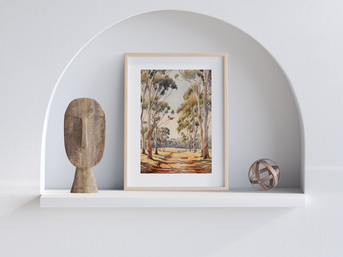 Eucalyptus Trees Watercolor Sunlit Grove Path Golden Scene Poster - Image 3