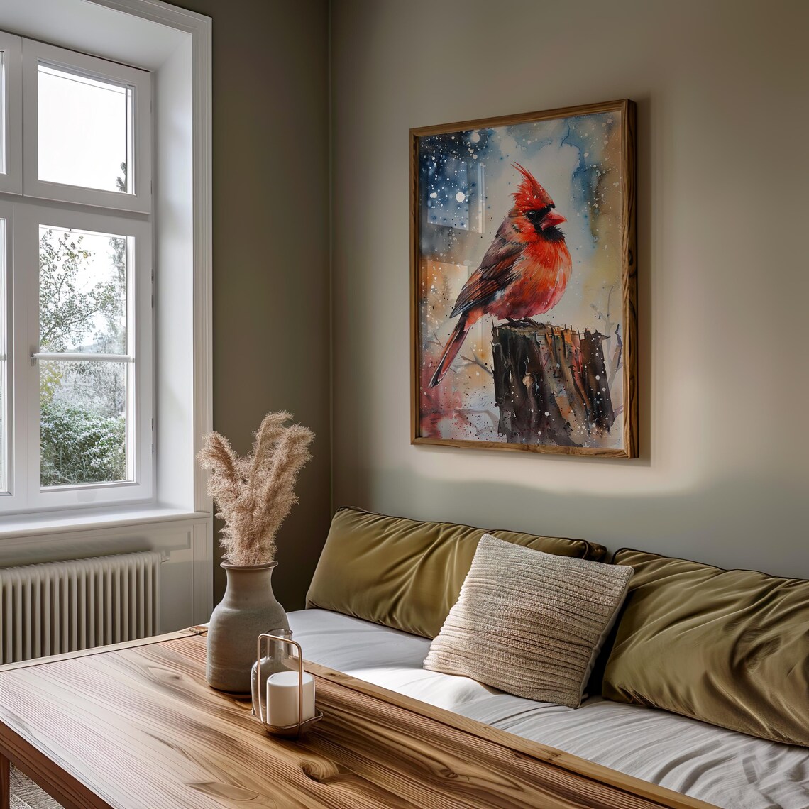 Red Cardinal Snow Watercolor Bird Perched Winter Bird Art Poster - Image 4