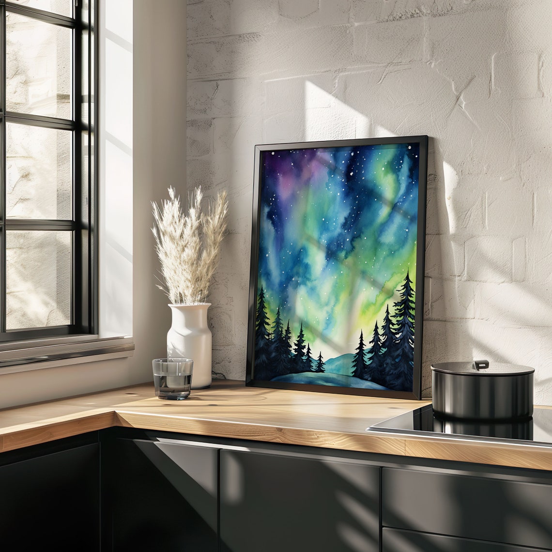 Northern Lights Over Pine Forest Watercolor Night Sky Poster - Image 5