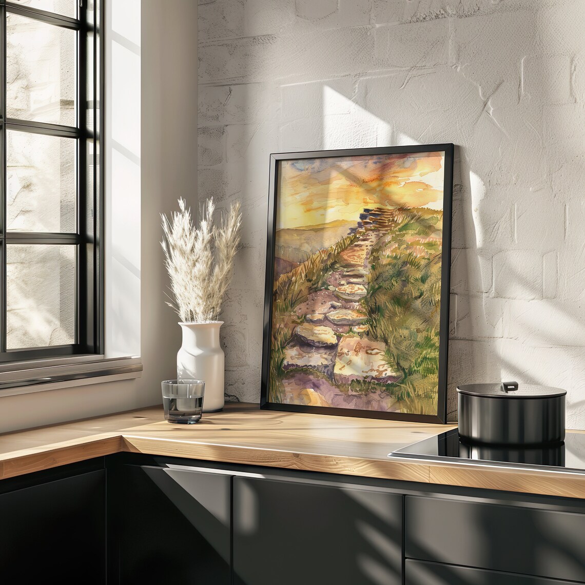 Coastal Cliff Stone Path Watercolor Sunset Golden Hour Art Poster - Image 2