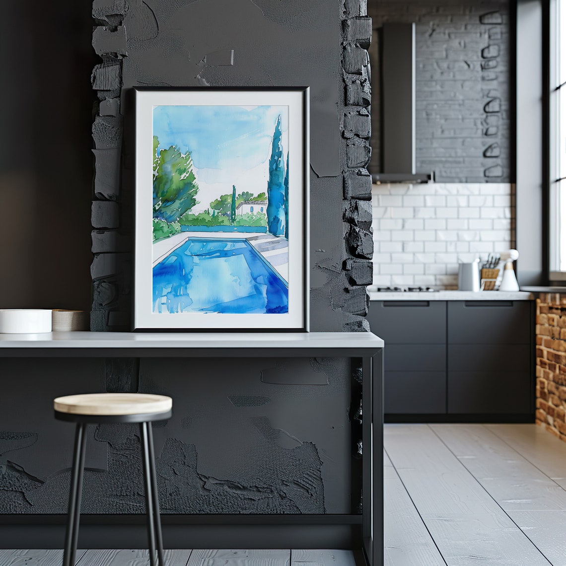 Blue Swimming Pool Watercolor Villa Garden Summer Art Poster - Image 3
