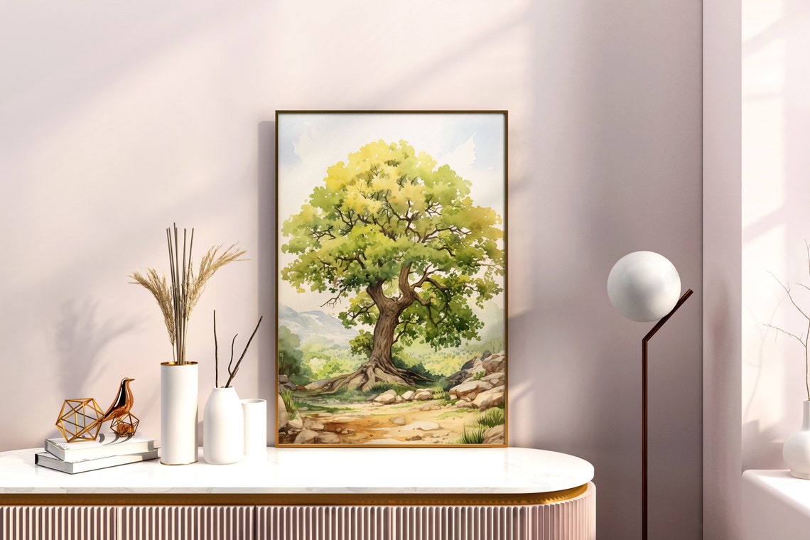 Oak Tree Landscape Watercolor Rolling Hills Pastoral Art Poster - Image 3