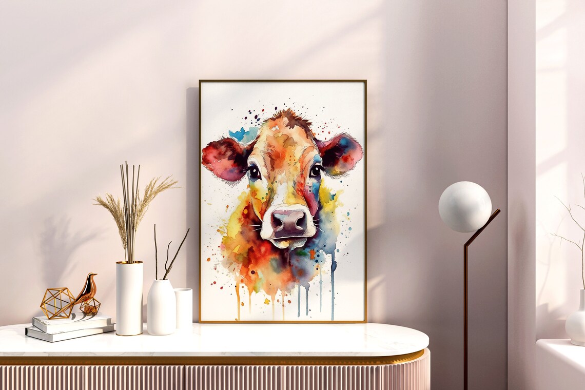Baby Calf Watercolor Portrait Cute Young Cow Farm Art Poster - Image 4