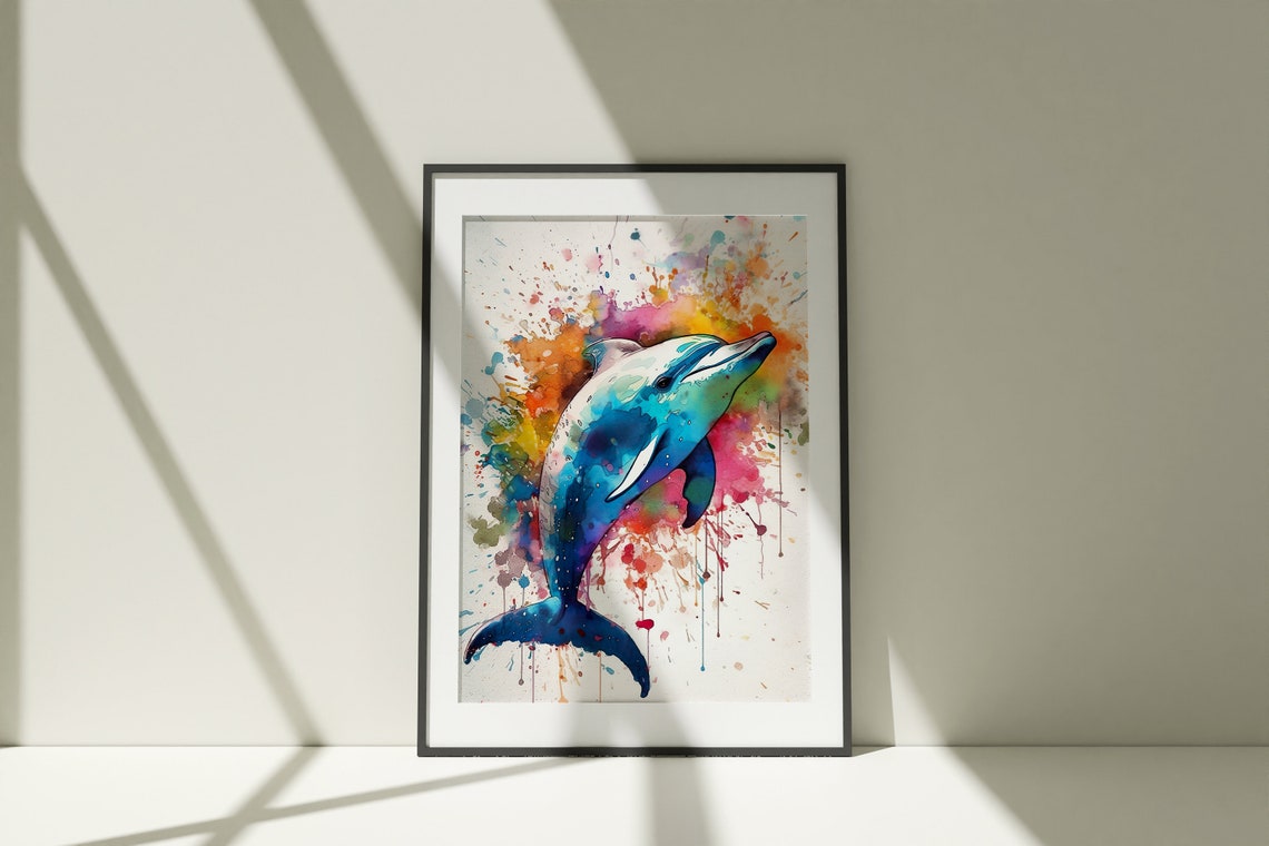 Leaping Dolphin Watercolor Portrait Blue Ocean Splash Art Poster - Image 5