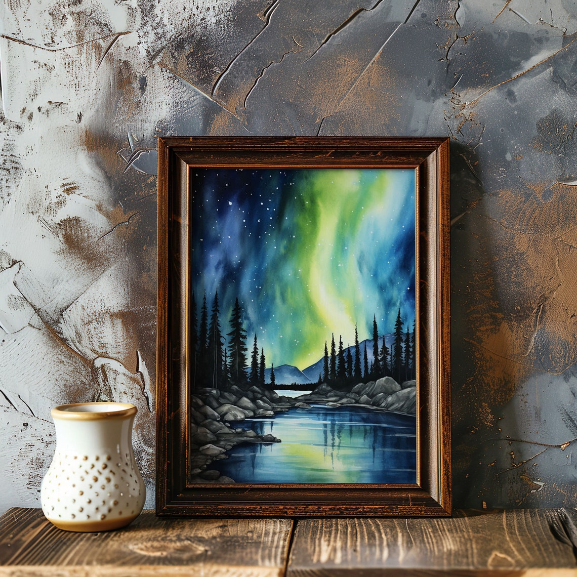 Northern Lights Aurora Pine Forest Lake Watercolor Night Sky Poster - Image 3