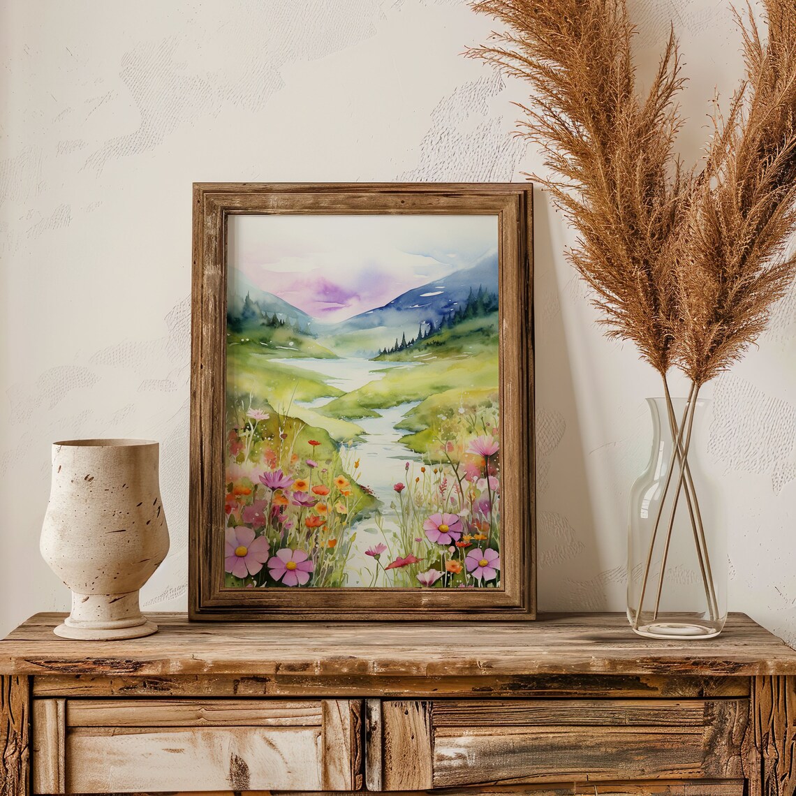 Wildflower River Valley Watercolor Painting Poster with Colorful Cosmos - Image 5