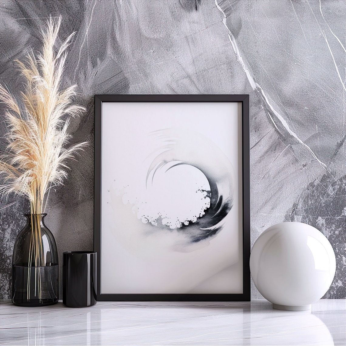 Monochrome Wave Enso Circle Gray Watercolor Calm Zen Wall Poster - Image 4